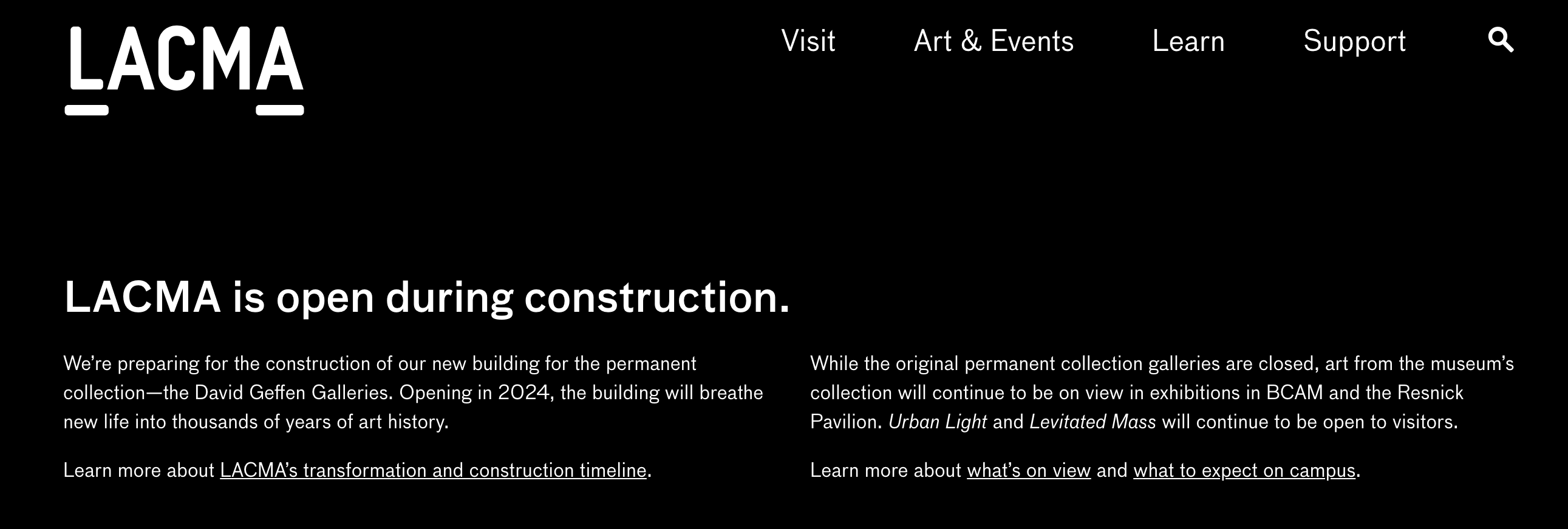 Top portion of the Lacma website